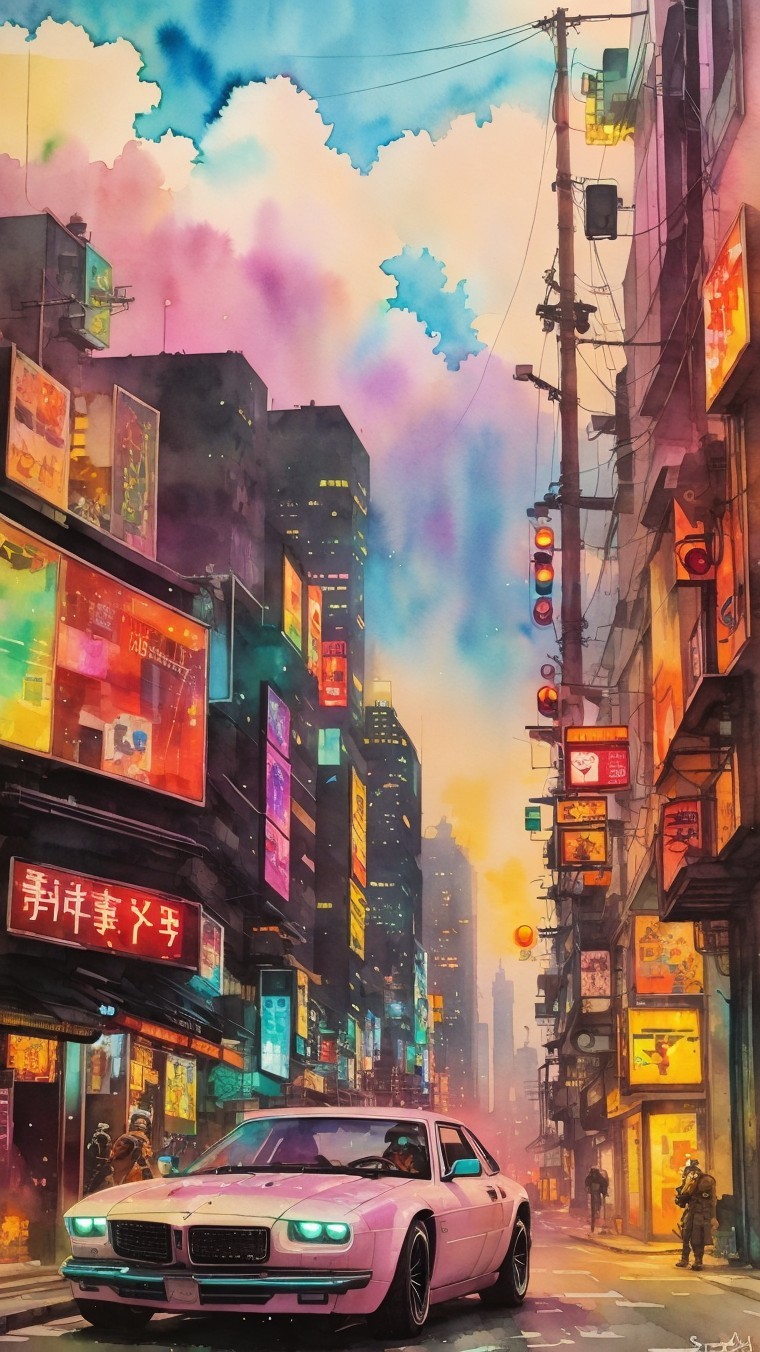 Vibrant City Scene at Dusk with Neon Lights