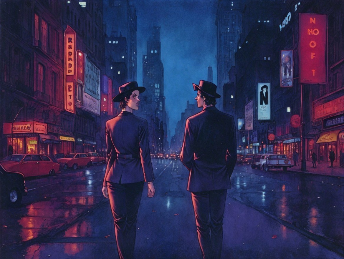 Neon-Lit Cityscape with Figures in Black Outfits