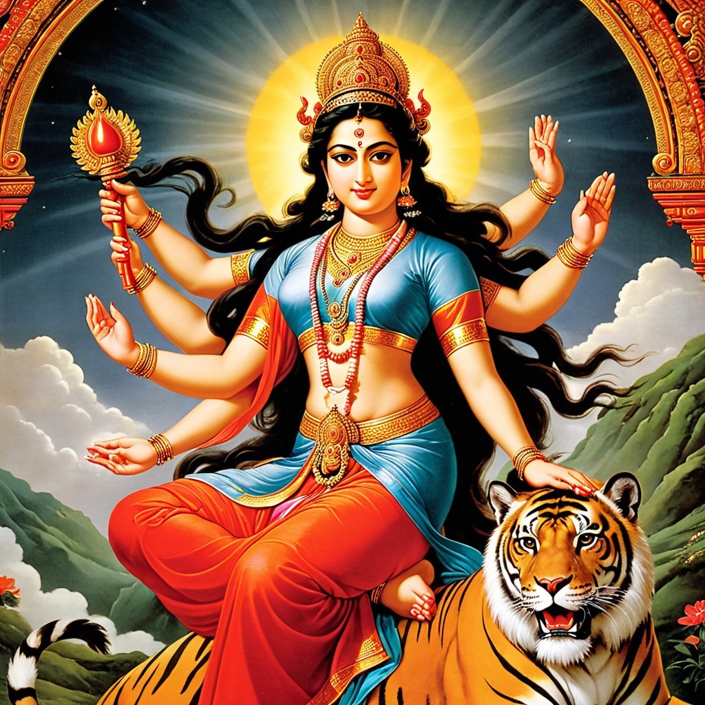 Goddess on Tiger with Symbols of Power and Nature
