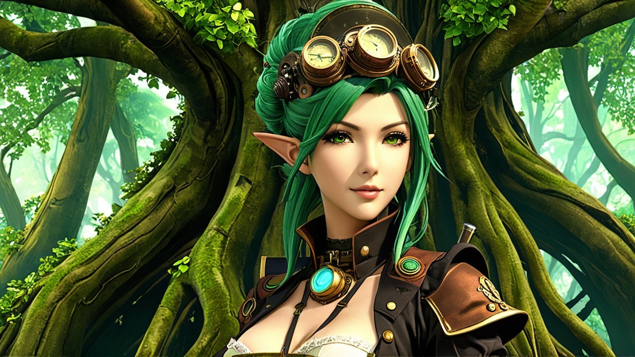 Fantastical female character in steampunk attire