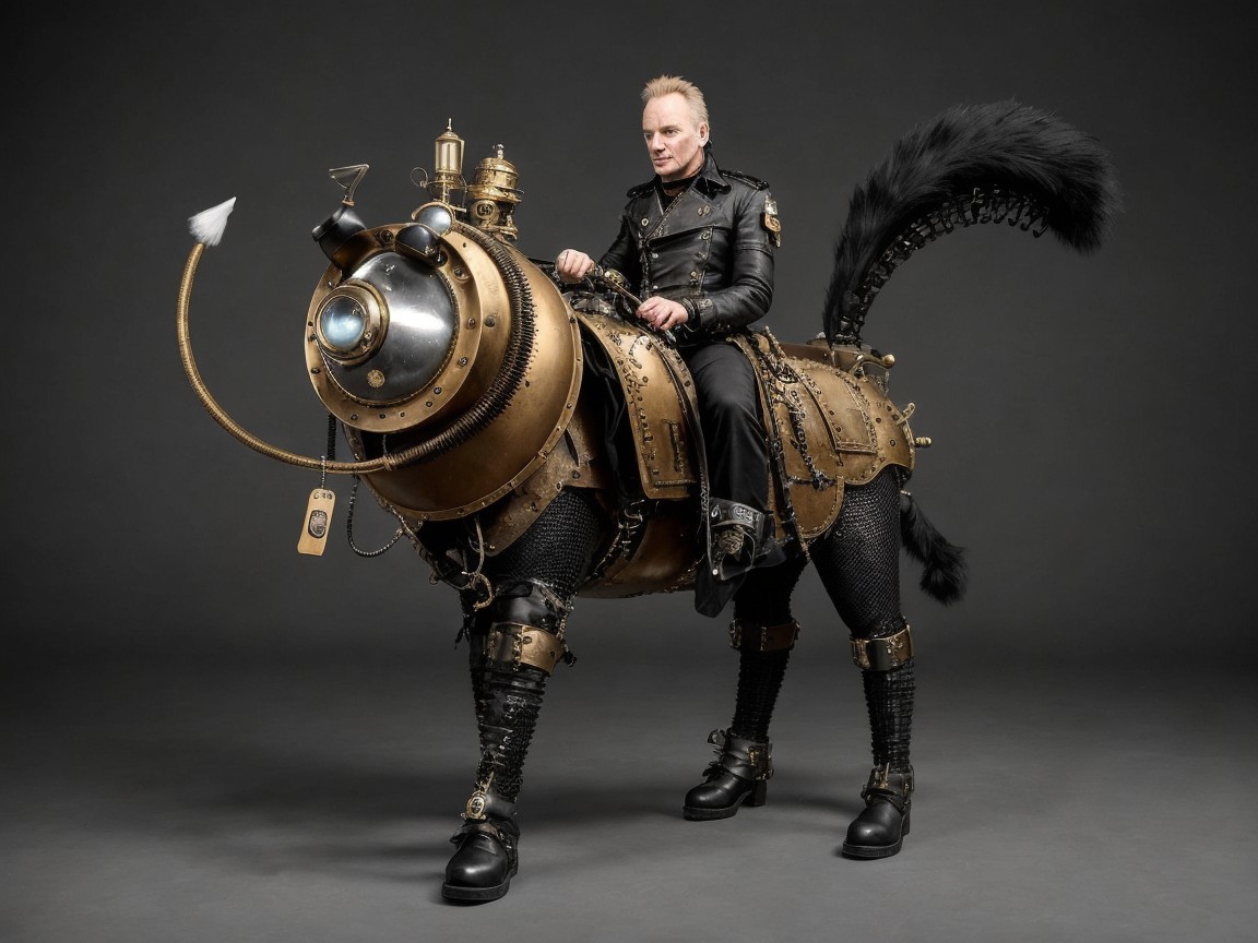 Steampunk Rider on Mechanical Feline in Fantasy Scene