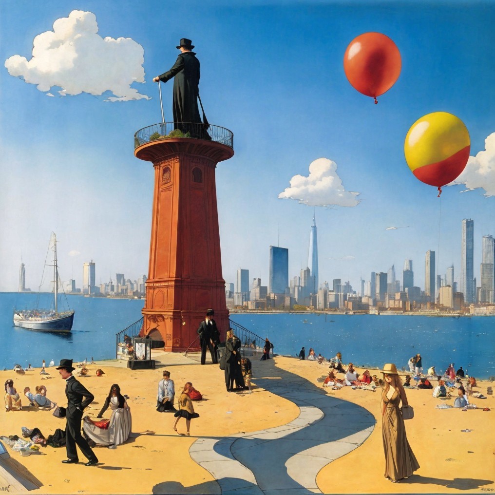 Surreal Scene with Towering Figure at Lighthouse