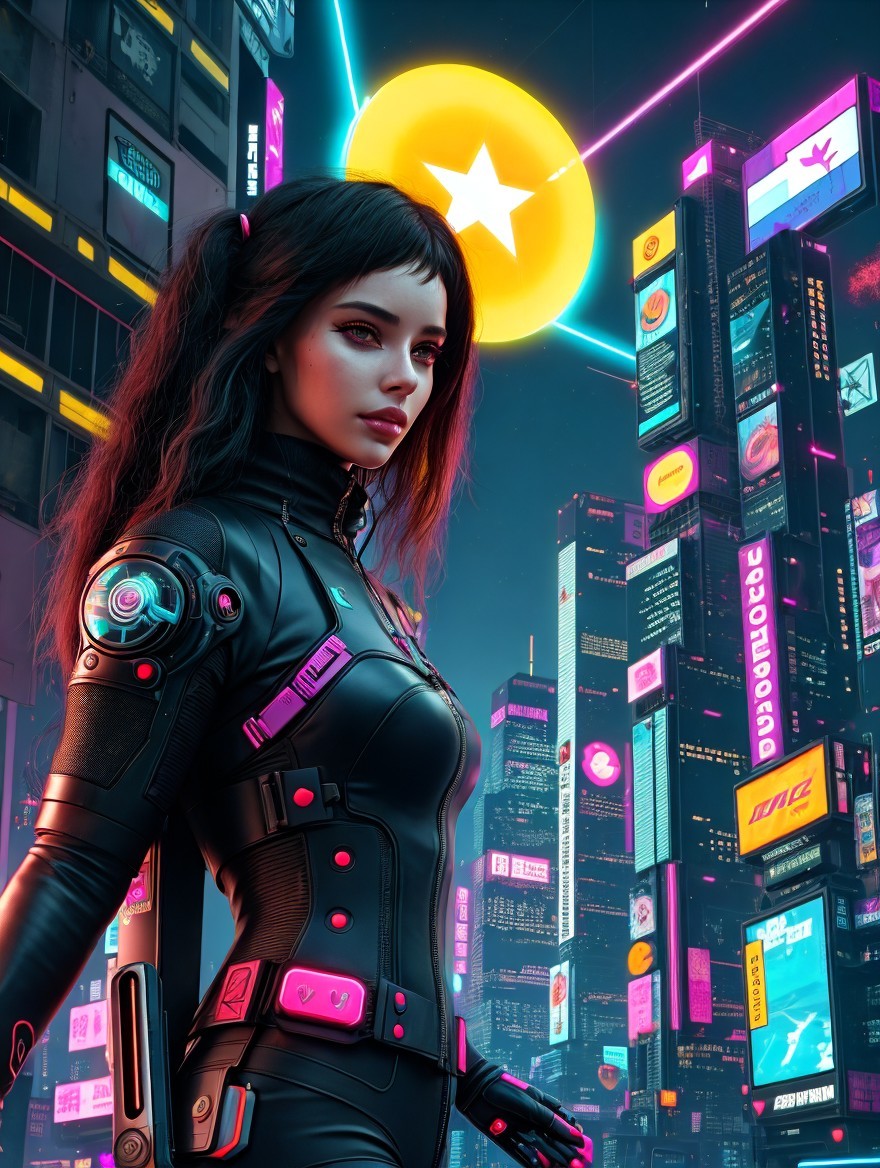 Futuristic Cityscape with Confident Woman in Tech Suit