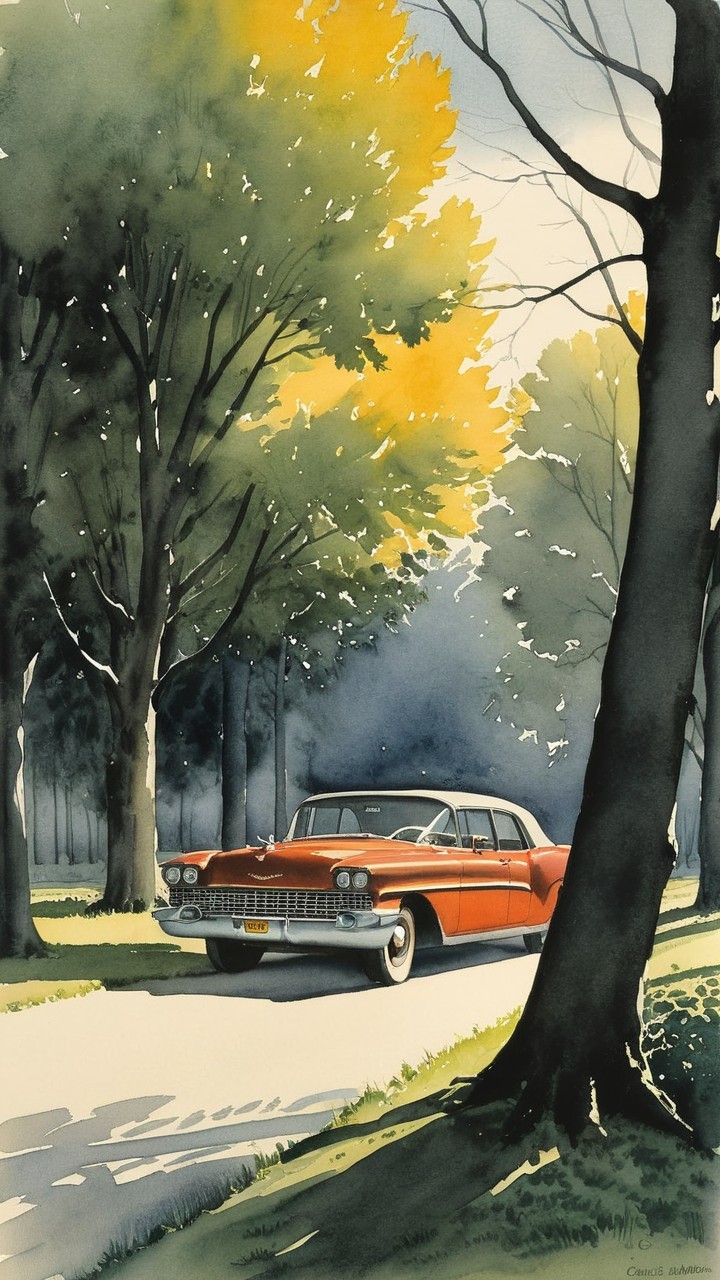 Vintage Red Car on Tree-Lined Road in Autumn Light