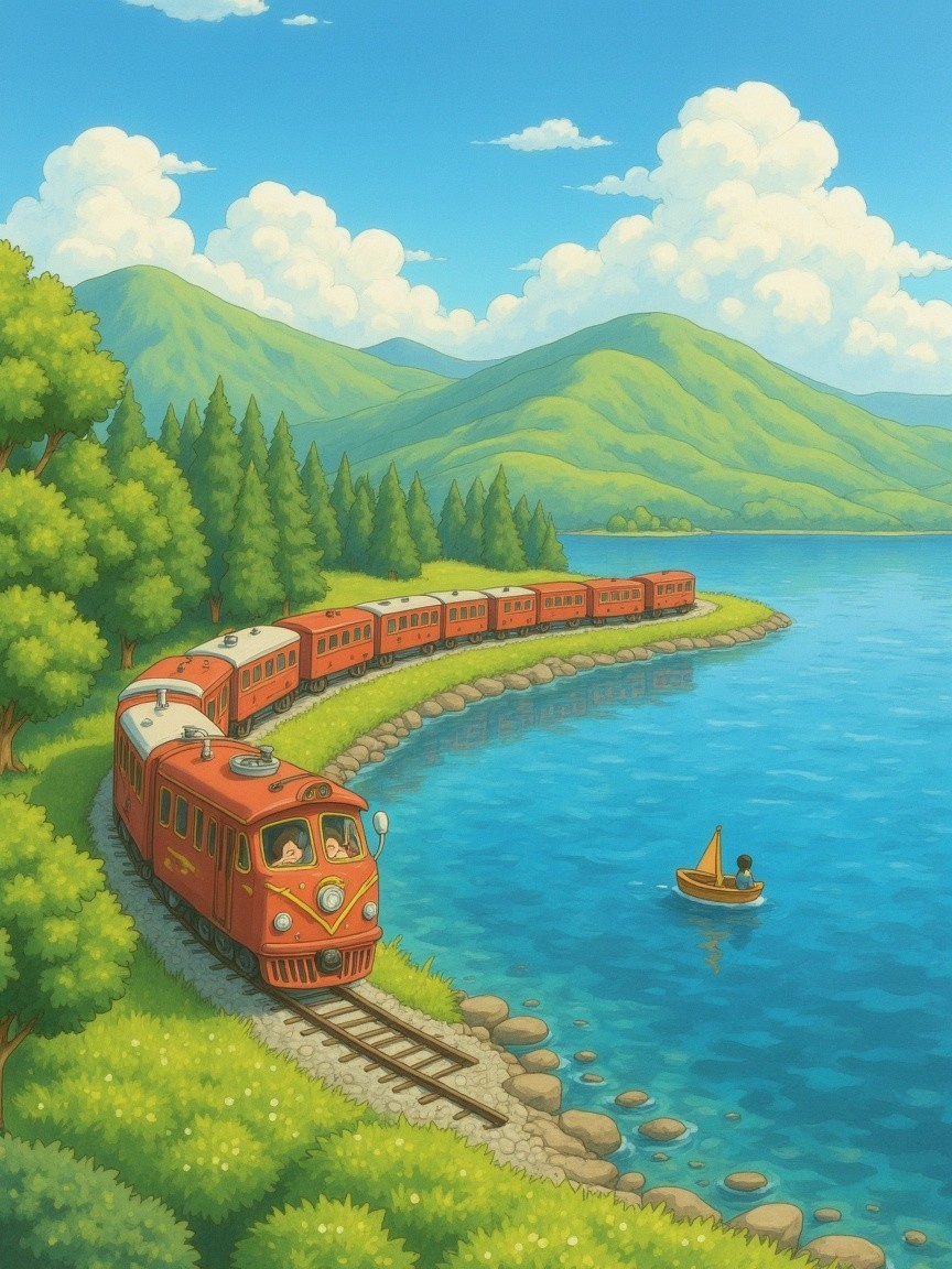 Vibrant Animated Landscape with Train by Lakeside