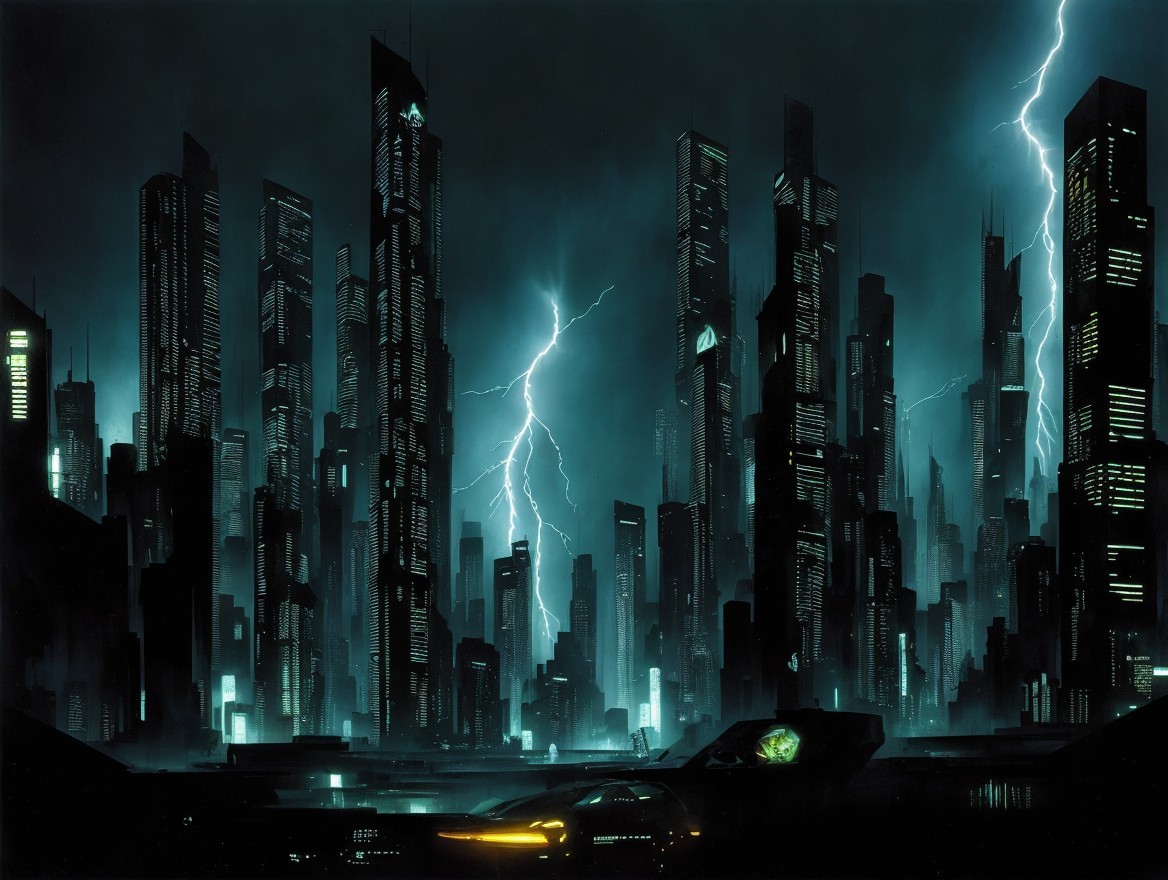 Futuristic cityscape with neon skyscrapers and storms