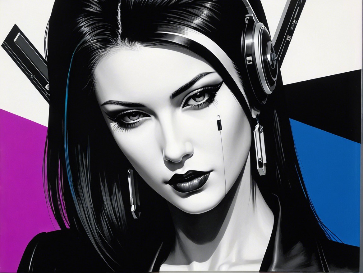 Stylized Portrait of a Woman with Headphones and Geometric Shapes