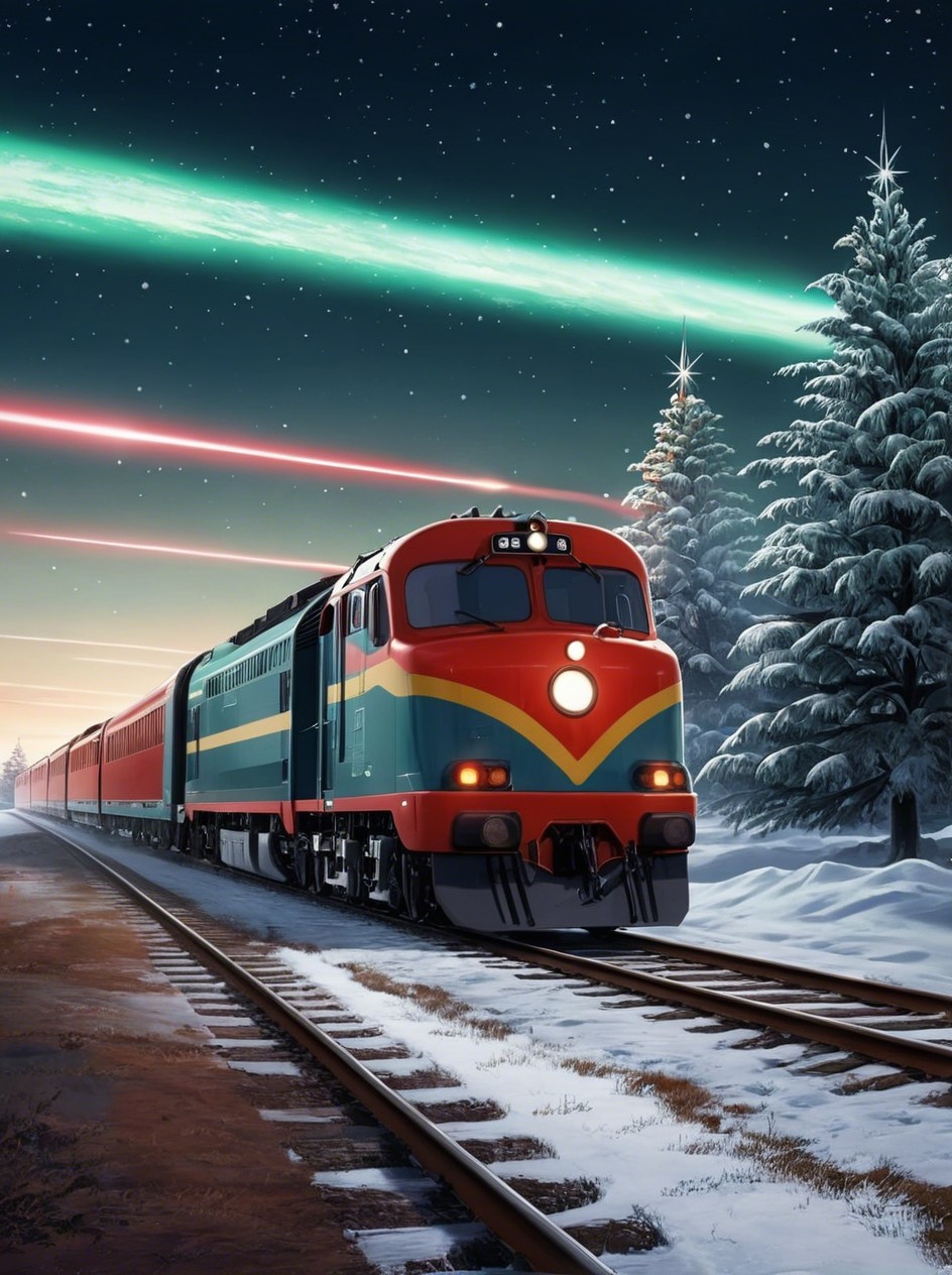 Christmas Train in Winter Wonderland with Aurora Borealis