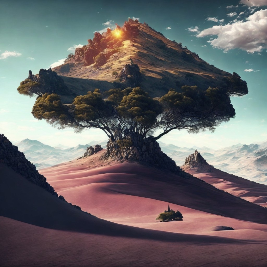 Surreal Landscape with Floating Mountain and Tree Roots