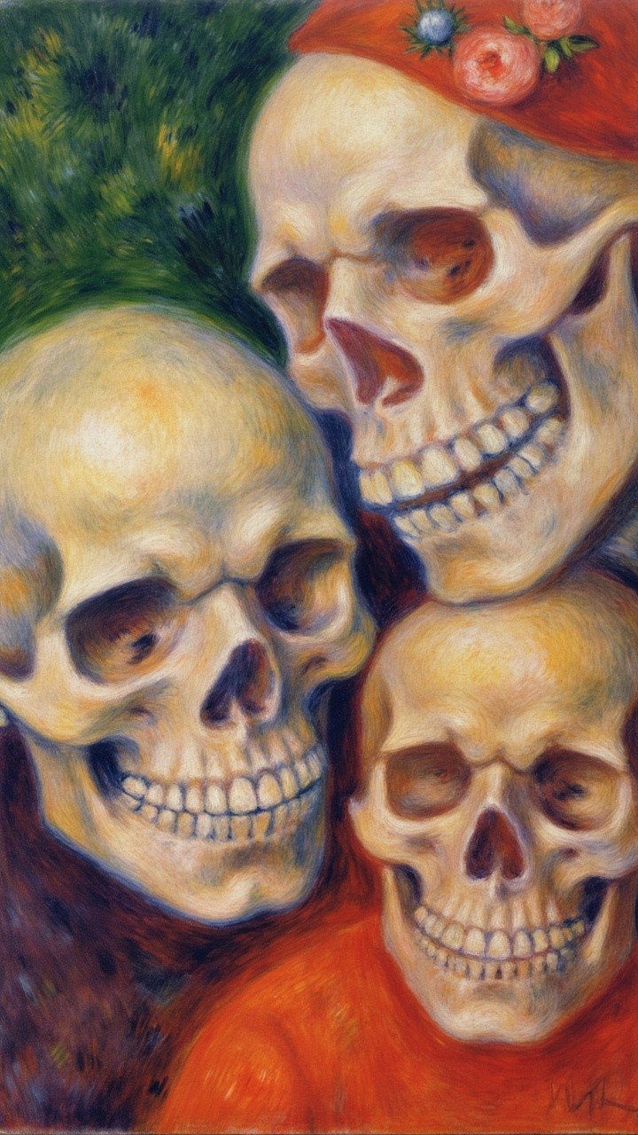 Three Smiling Skulls in Oil Painting with Floral Beret