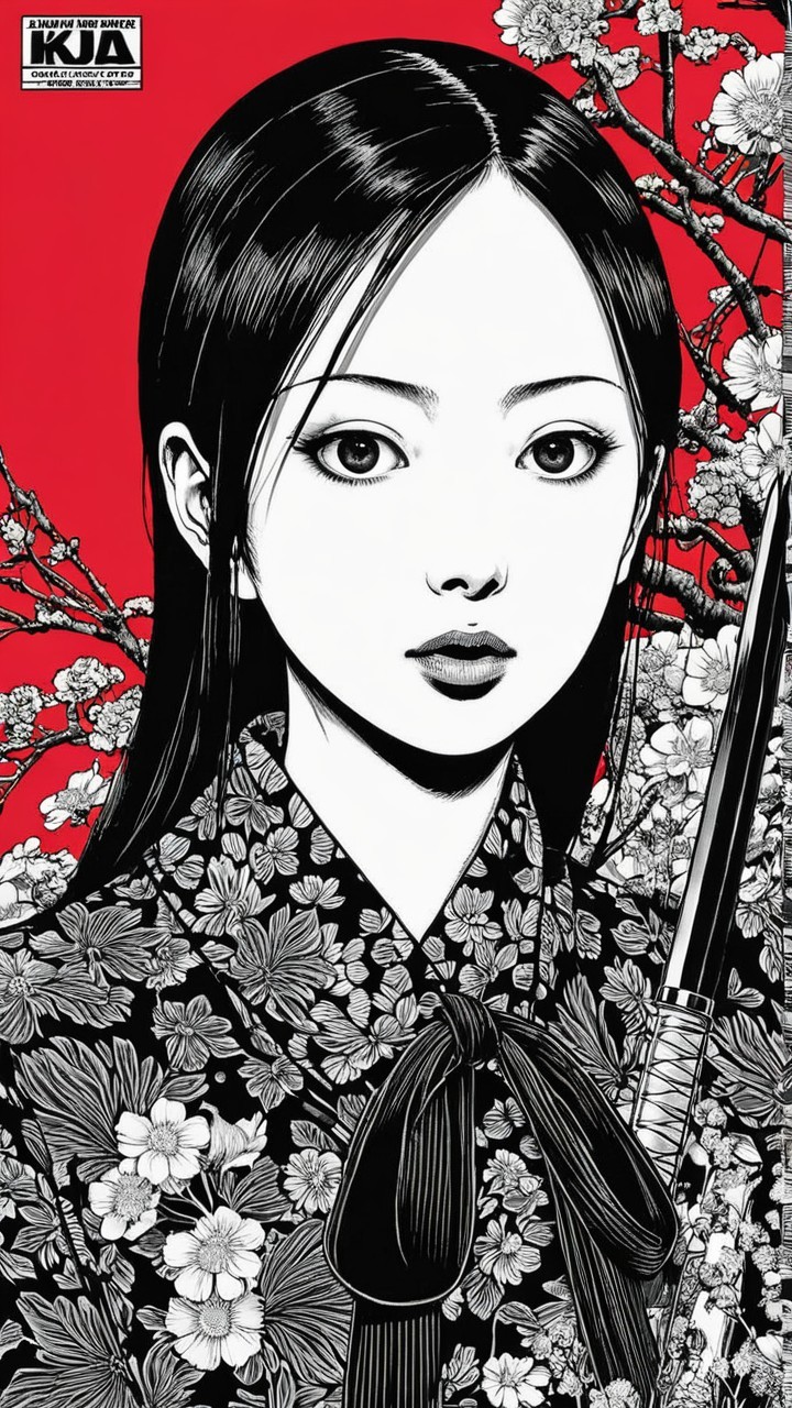 Portrait of a Young Woman in a Floral Kimono with Sword