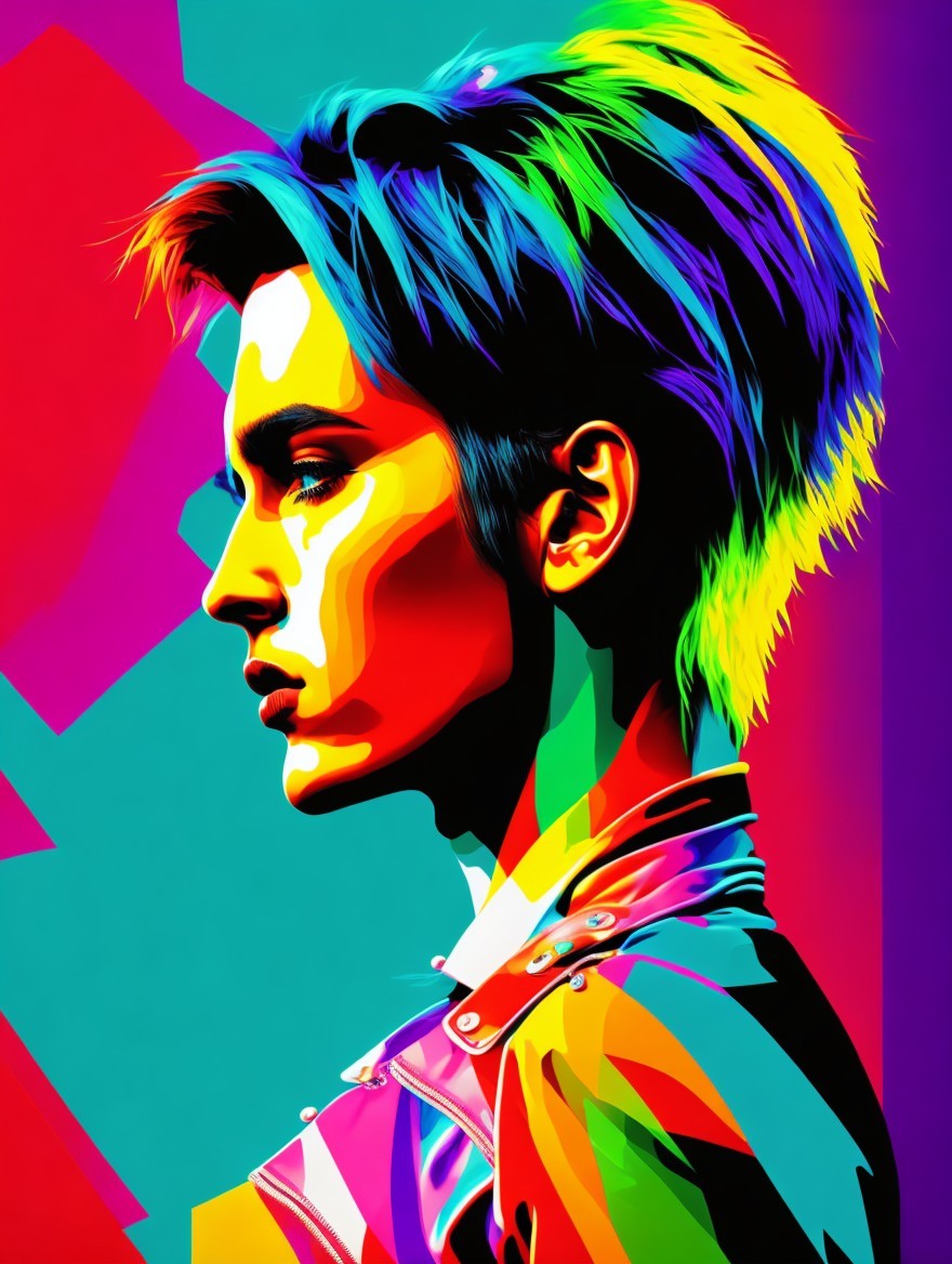 Vibrant Pop-Art Profile Portrait with Geometric Background