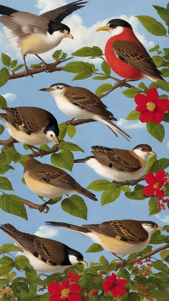 Vibrant Illustration of Birds on Flowering Branches