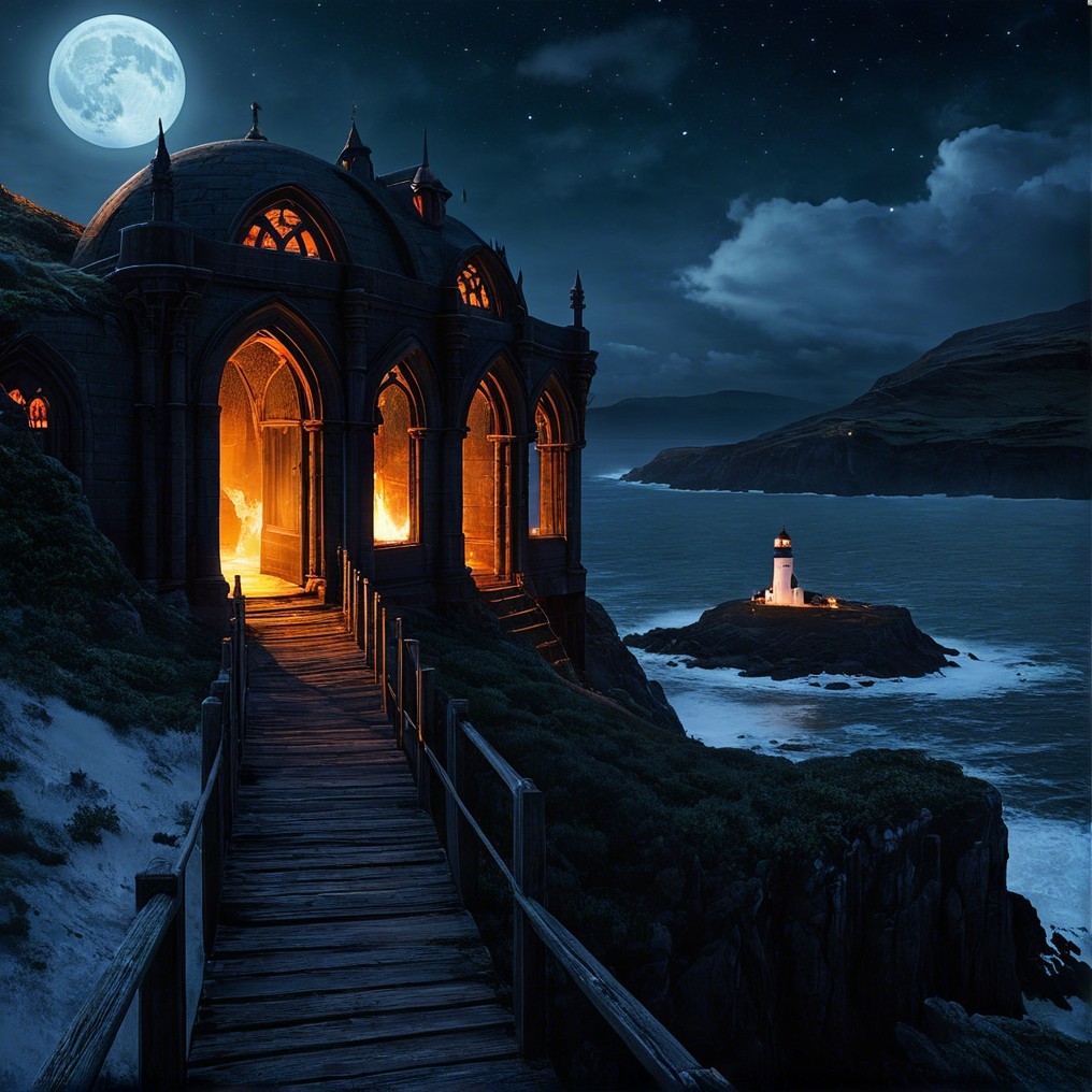Gothic Structure Under Full Moon with Lighthouse Nearby