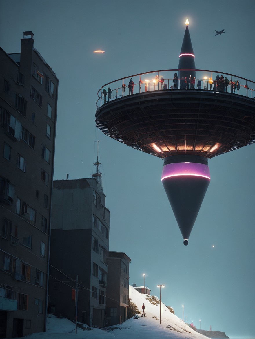 Futuristic UFO Over Snowy Landscape with Vibrant Lights