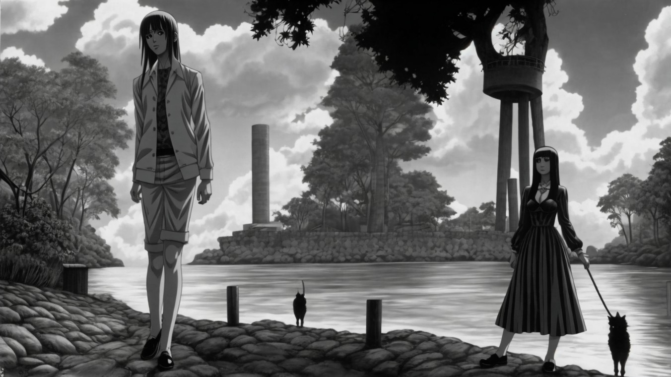 Monochrome Scene of Figures by Serene Riverside
