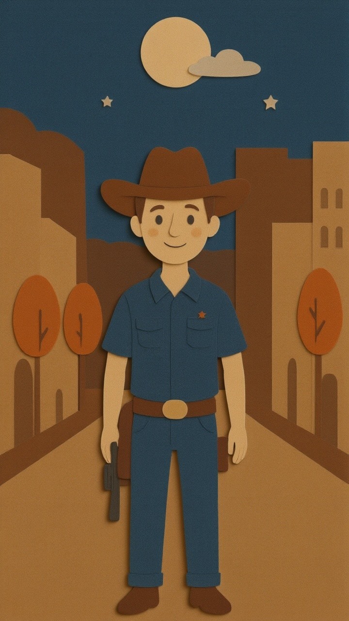 Whimsical Cowboy Illustration on City Street at Night