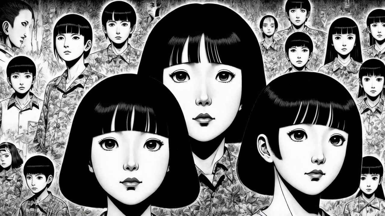 Monochrome Illustration of Girls with Floral Patterns