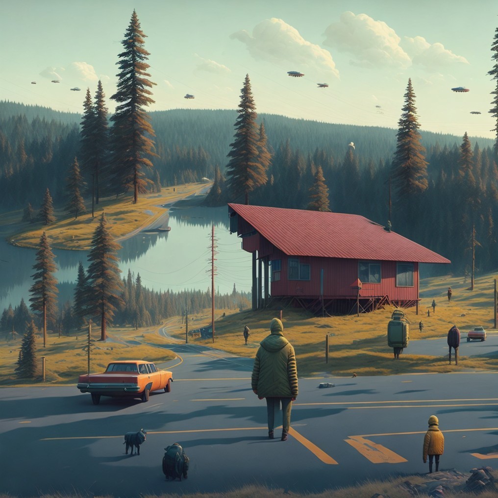 Surreal Landscape with Cabin, Lake, and UFOs