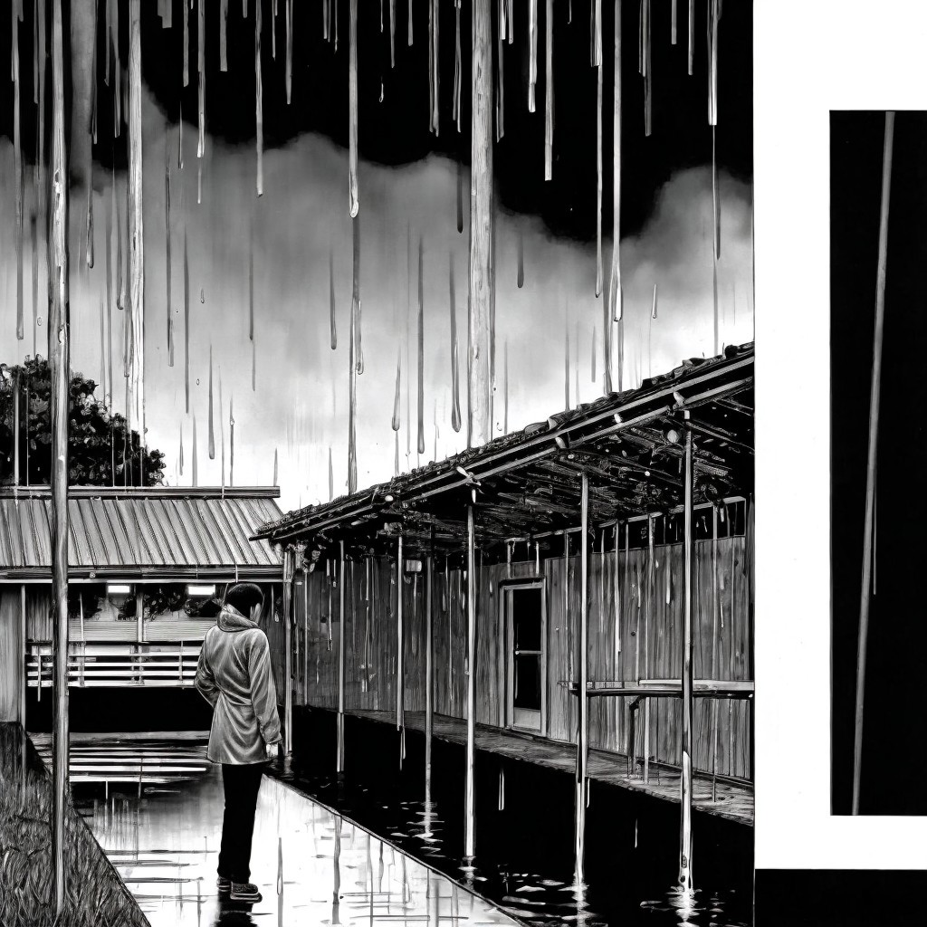 Lone Figure on Wooden Pathway in Rainy Atmosphere