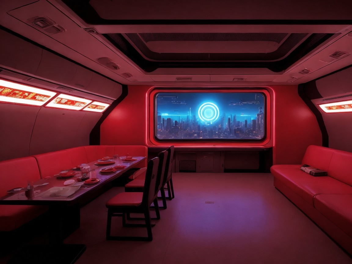 Futuristic Dining Room with Modern Furniture and City View