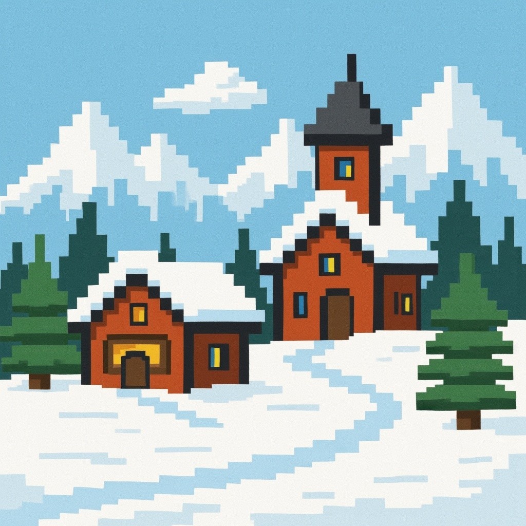 Charming Winter Scene with Cozy Brick Houses and Hills