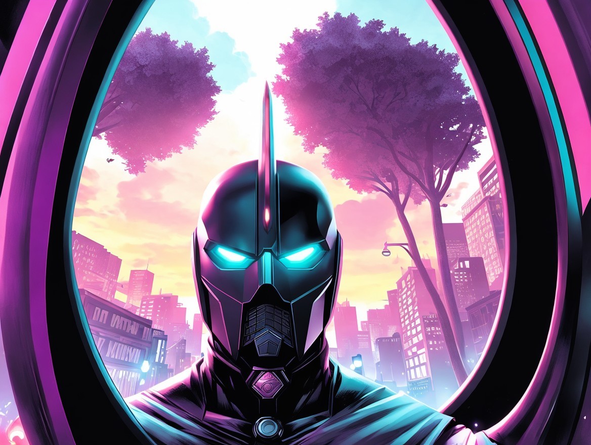 Futuristic superhero in black armor against city skyline