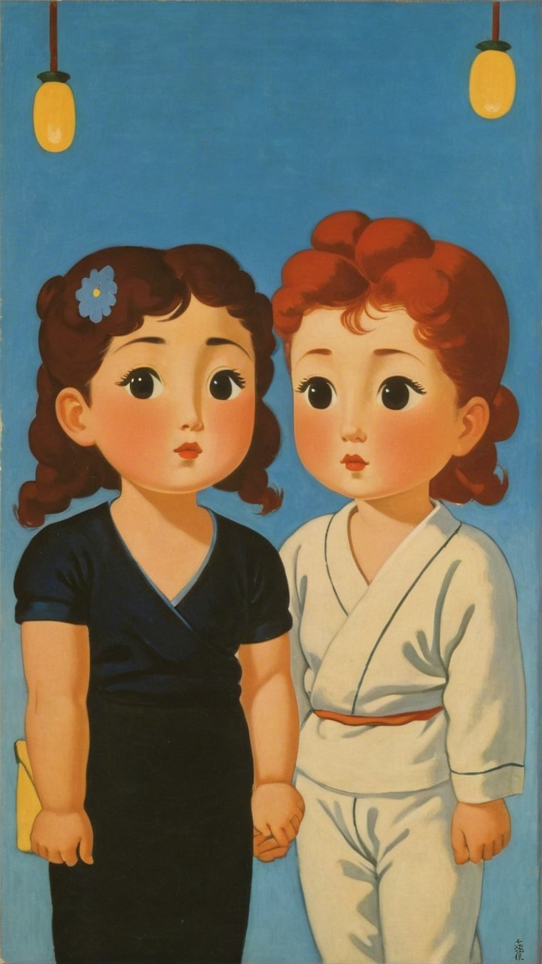 Stylized Young Girls with Lanterns on Blue Background