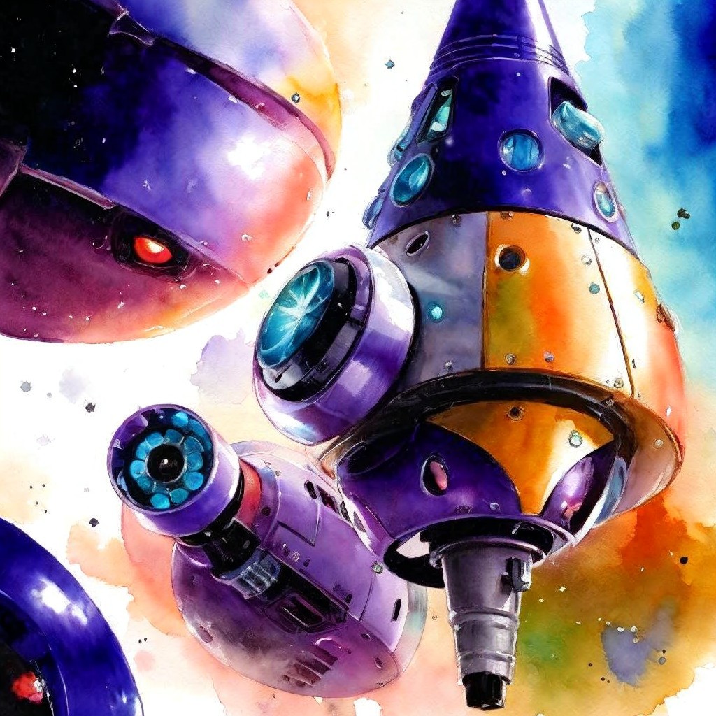 Close-up Watercolor of Sci-Fi Spaceship with Glow Effects