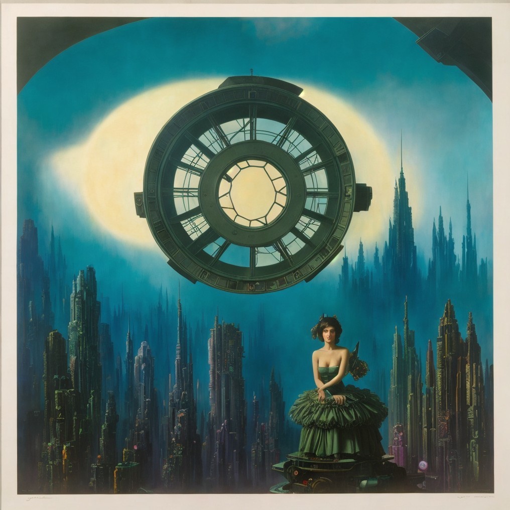 Surreal Cityscape with Woman in Green Dress