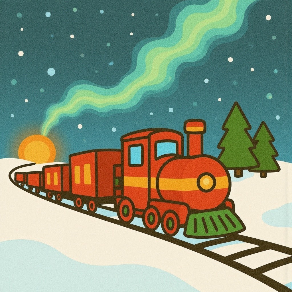 Cartoon Illustration of a Red Toy Train in Snowy Scene