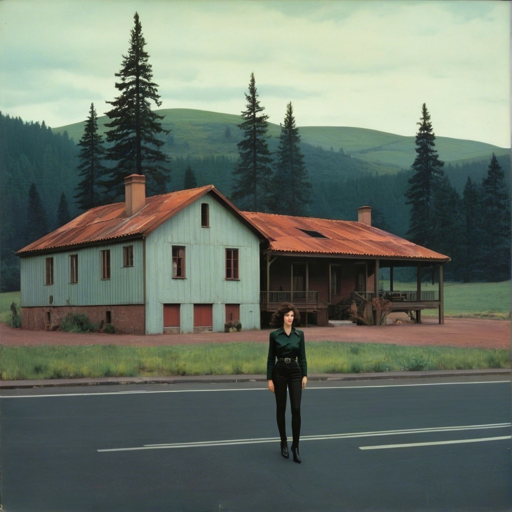 Woman on Road by Rustic House in Lush Landscape