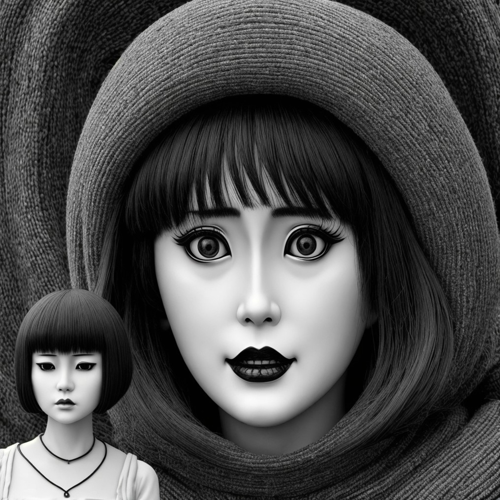 Black-and-white portrait of expressive dolls in hooded attire