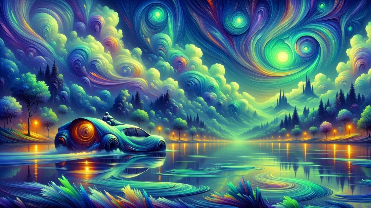 Vibrant Dreamlike Landscape with Car by Tranquil Lake