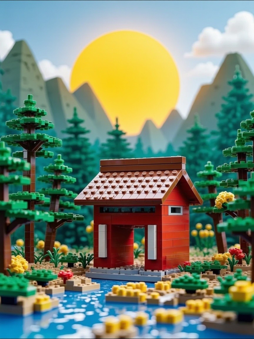 Lego scene of a Japanese house on a colorful island