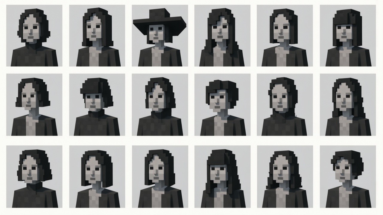 Pixelated 3D Characters in Monochrome Style Grid