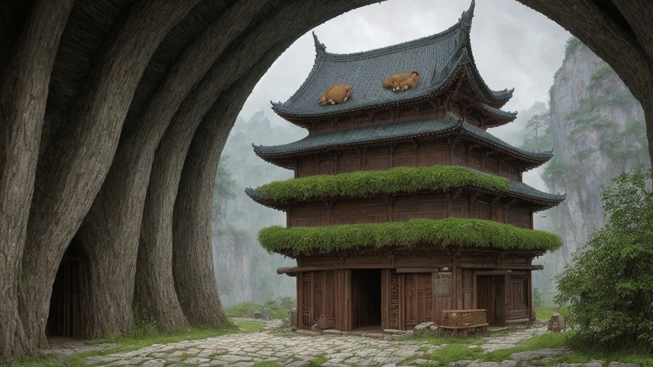 Traditional Asian Pagoda Surrounded by Nature