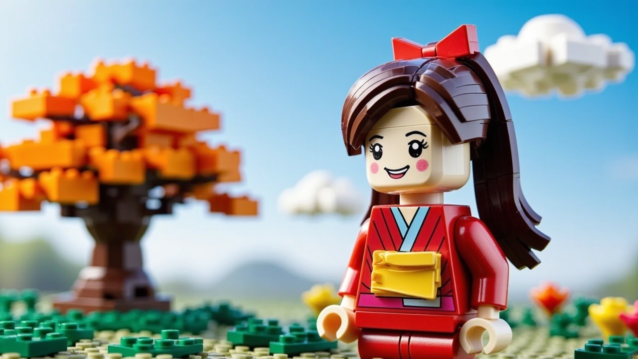 Lego Figure in Kimono Amidst Autumn Landscape