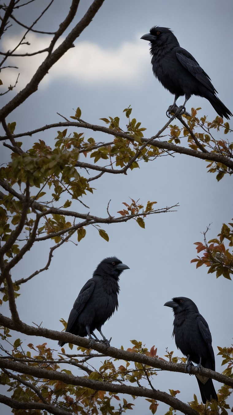 Crows Perched on Tree Branches Against Blue-Gray Sky
