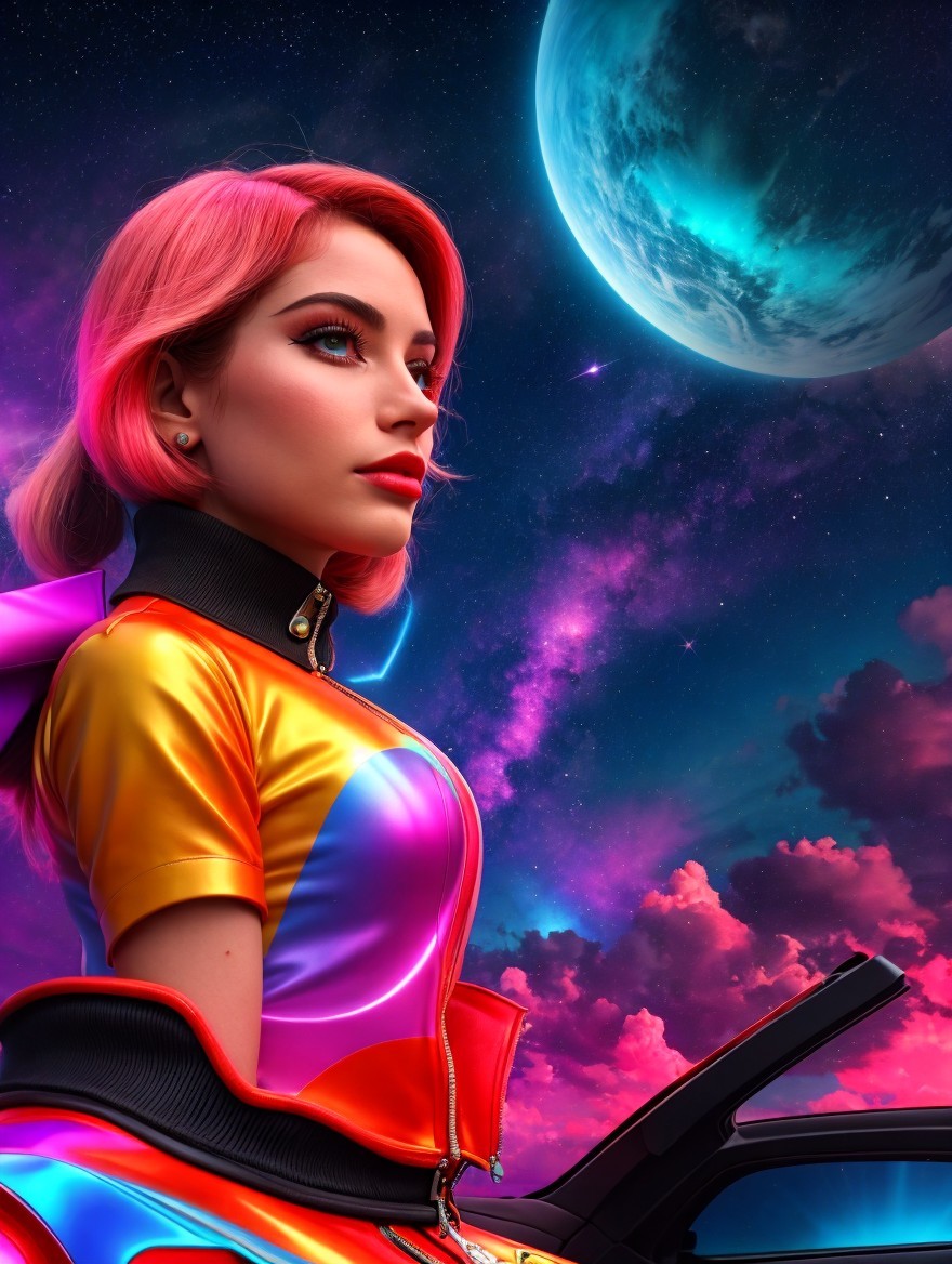 Futuristic scene with a woman in a cosmic setting