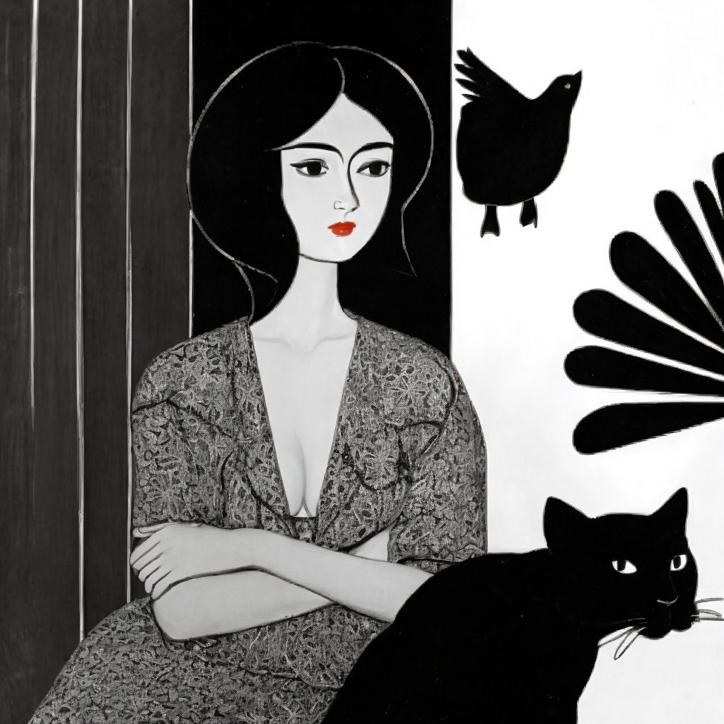 Stylized Woman with Cat in Geometric Black-and-White Art