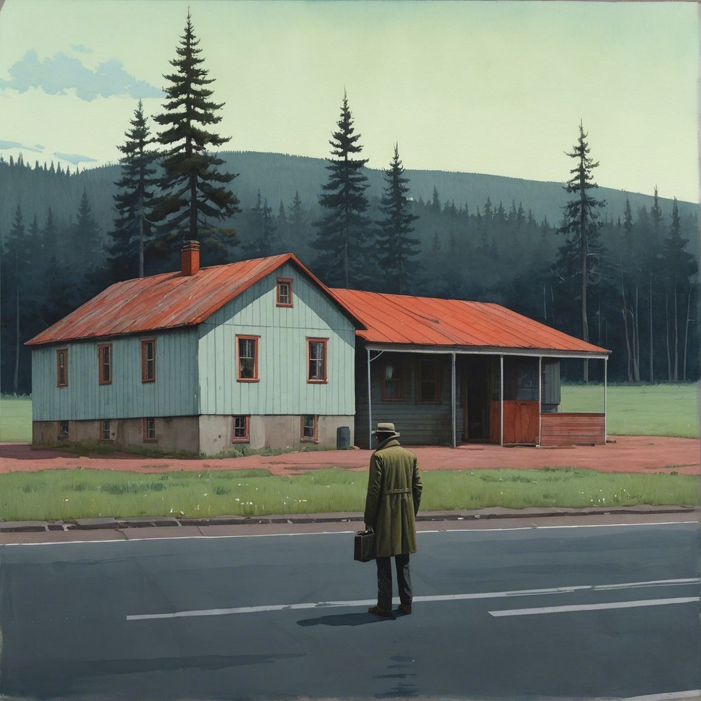 Man in Brown Coat Gazing at Rustic House and Pines