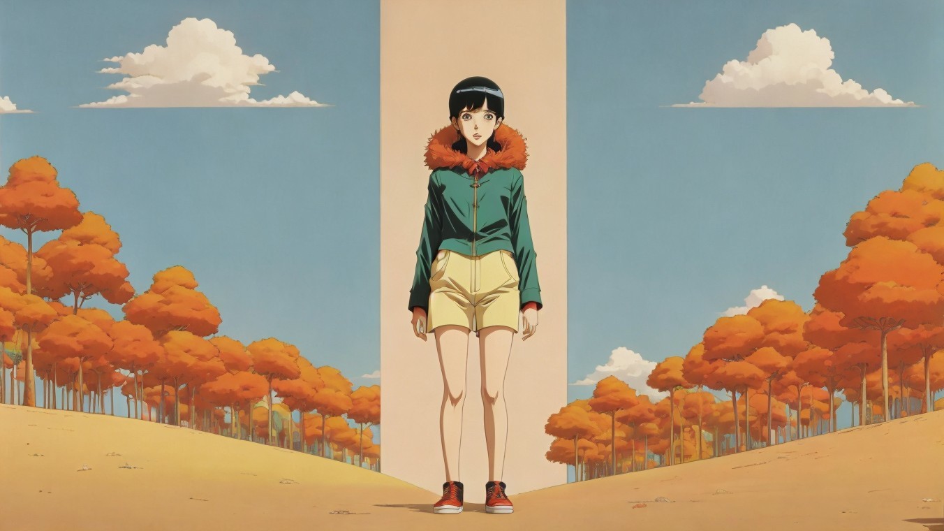 Young girl in stylized landscape with orange trees