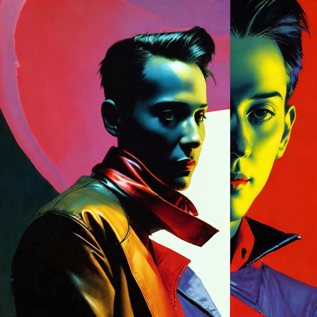 Portrait of a person with angular features and bold colors