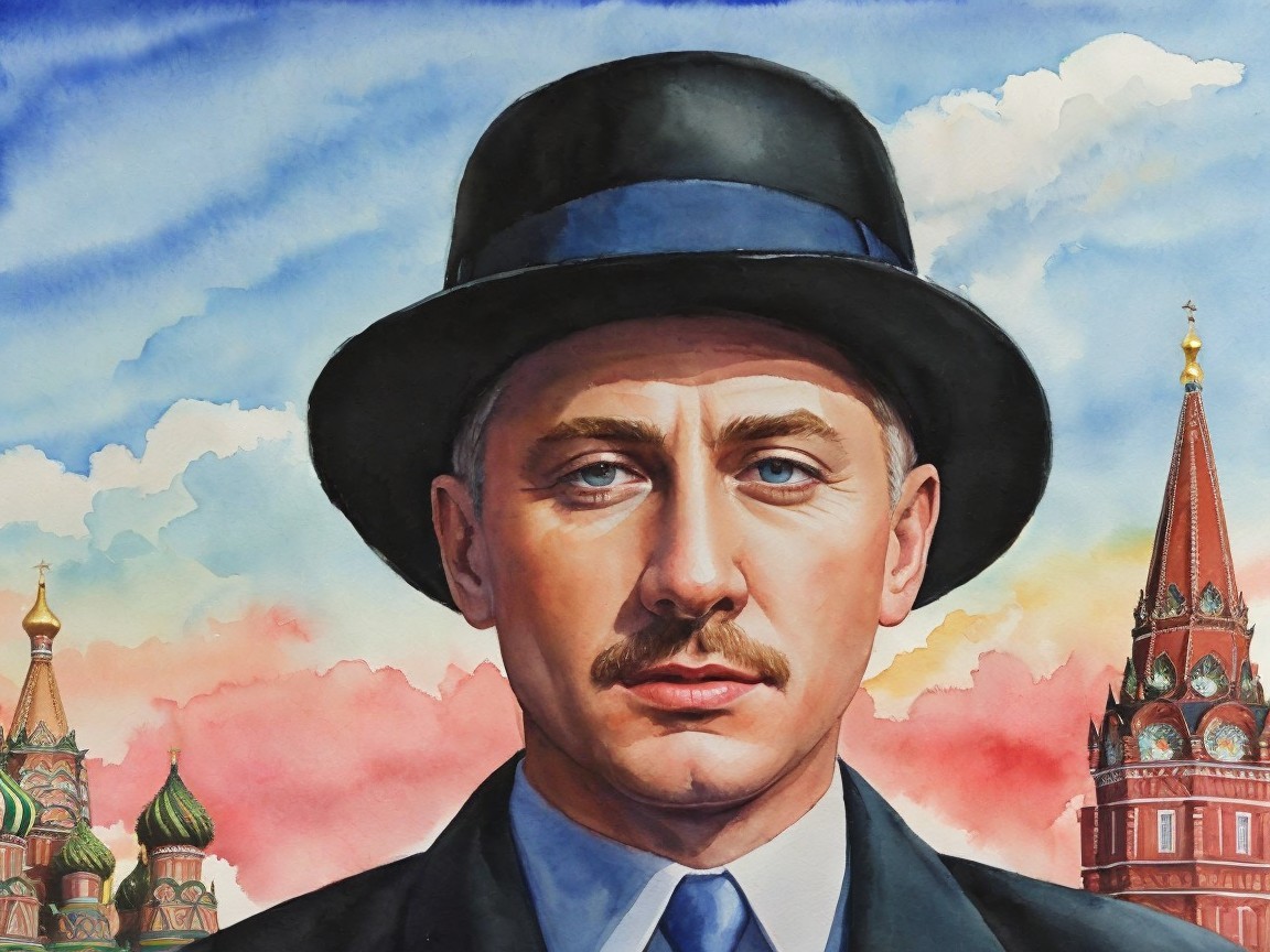 Watercolor Painting of Man with Bowler Hat and Cathedral