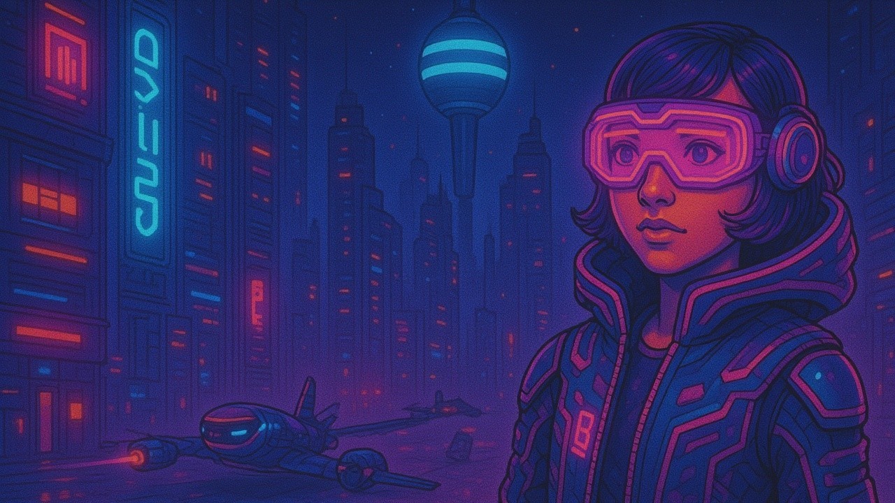 Futuristic cityscape with neon lights and aircraft