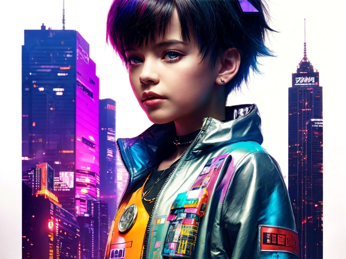 Young girl in reflective jacket against neon skyline