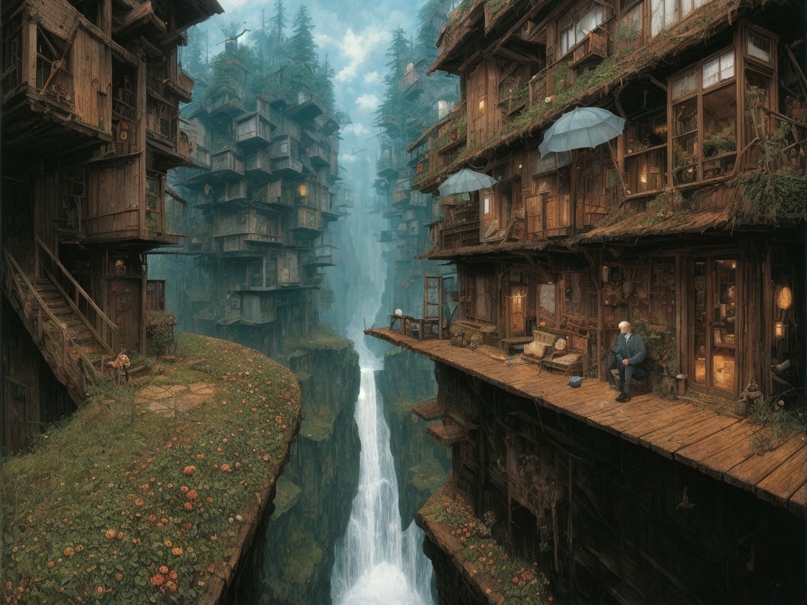 Surreal Multi-Level Village in a Lush Canyon