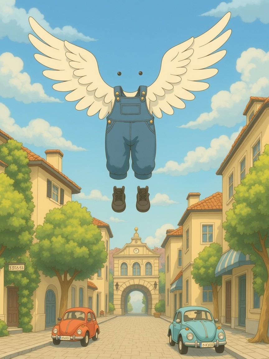 Whimsical Overalls and Winged Shoes Above Quaint Street