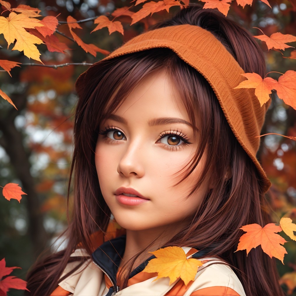 Young Woman in Autumn Leaves with Orange Hat